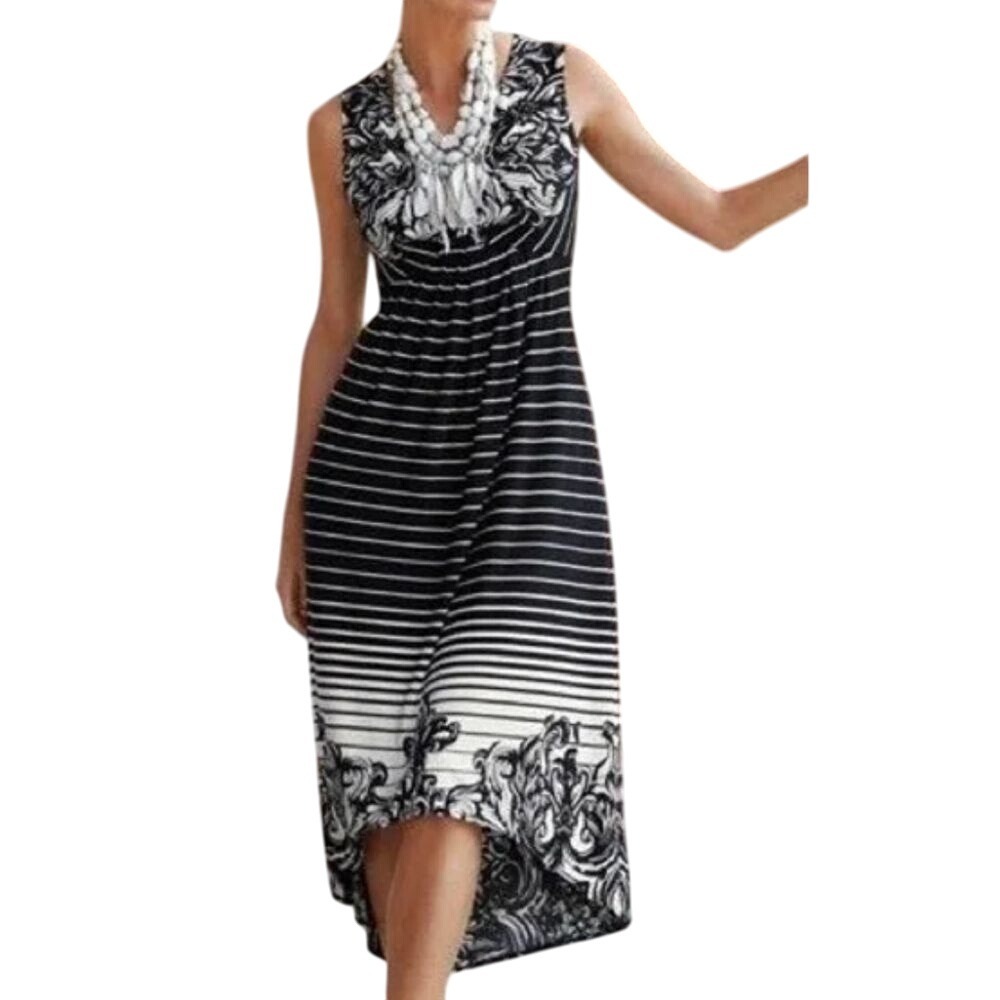 Chico's Women's Black White Striped Floral Hi-Low‎ Sleeveless Dress Size M Boho